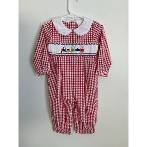 Stitchy Fish One Piece Smocked train Gingham outfit size 18mo